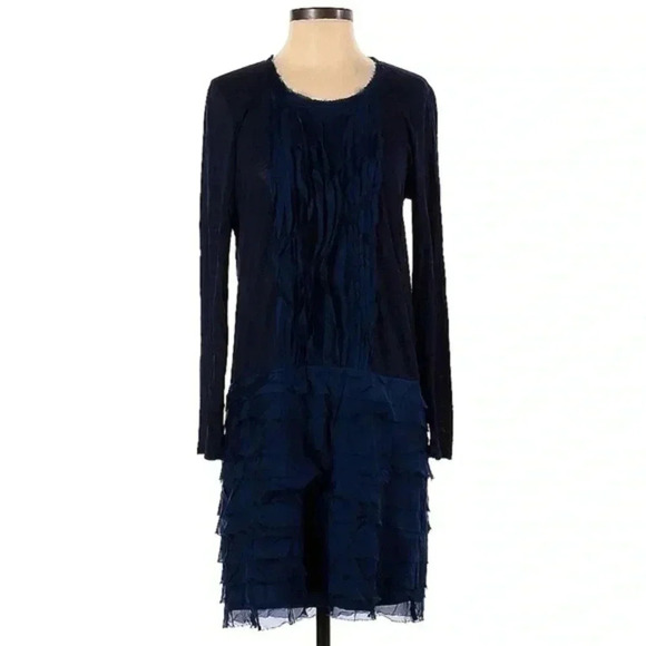 DKNY | Navy Blue Long Sleeve Ruffle Hem Cotton Cocktail Dress Size Small S - Picture 1 of 2